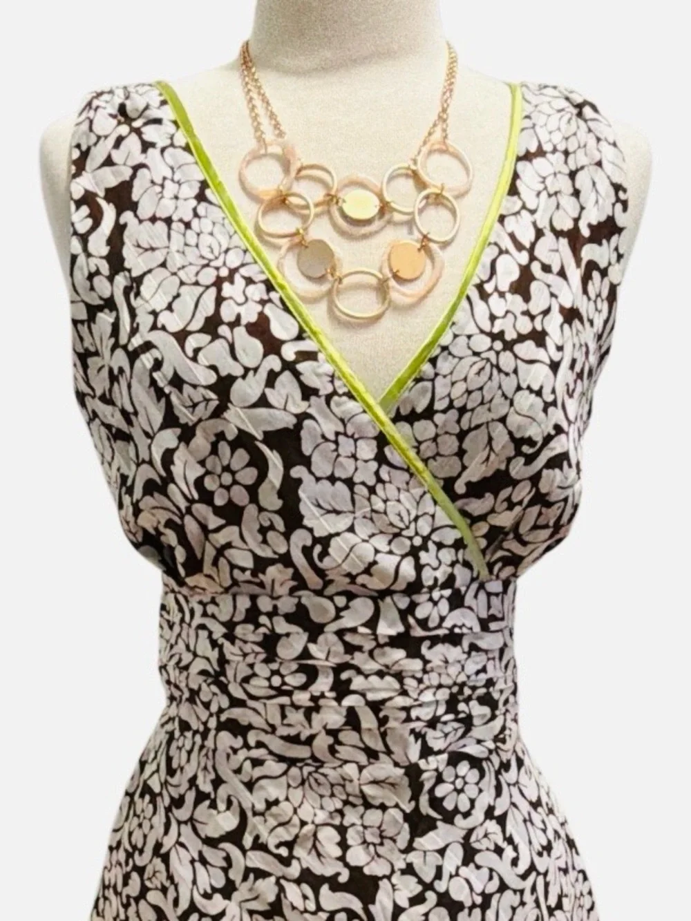 Robbie Bee Brown and White Floral Midi Dress with Lime Trim